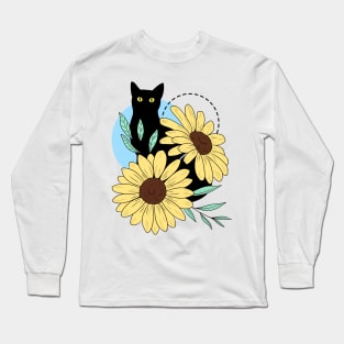 Black Cat With Sunflowers Long Sleeve T-Shirt